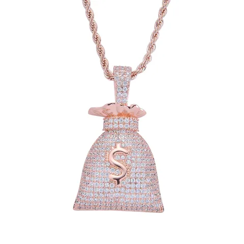 Hip Hop Money Bag Dollar Sign Pendant Necklace With Micro Pave Zirconia Gold Plated Copper Pendant And Stainless Steel Rope Chain Jewelry