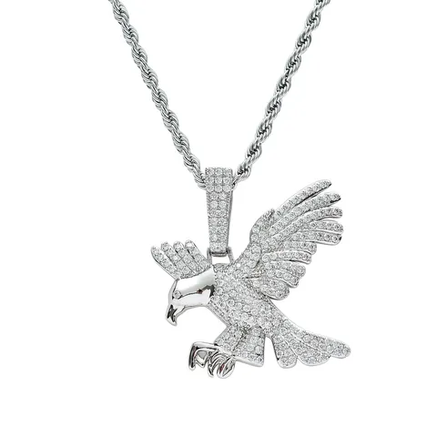 Collier Pendentif Aigle Hip Hop Iced Out Cuivre Plaqué Or Argent Micro Zirconia Chaîne Corde En Acier Inoxydable Bijoux Pour Hommes