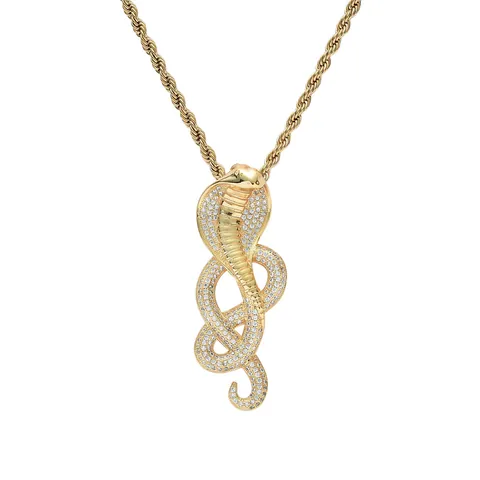 Hip Hop Ice Out Kobra Schlange Anhänger Halskette Für Herren Zirkonia Kupfer Echtgold Vergoldet Edelstahl Seilkette Schmuck