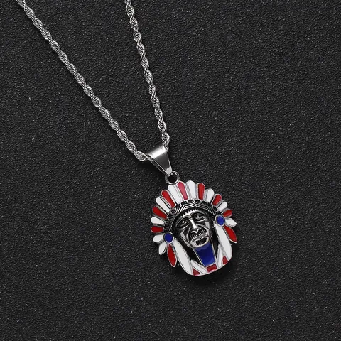 Vintage Hip Hop Stainless Steel Indian Chief Head Pendant Necklace With Colorful Enamel Feather Headdress Rope Chain