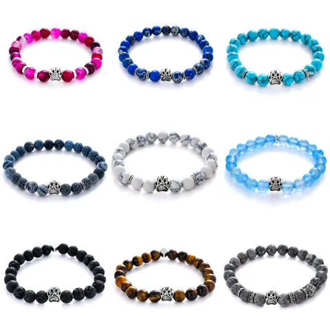 Natural Stone Beaded Bracelet With Vintage Alloy Paw Print Charm Elastic Healing Yoga Bracelet For Women Pet Lovers Jewelry Gift