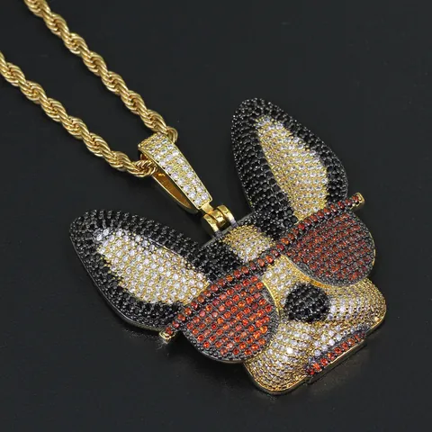 Collar con Colgante de Perro Chihuahua Hip Hop Iced Out con Gafas de Sol Micro Zirconia Joyería de Cobre Chapado en Oro para Hombres Mujeres