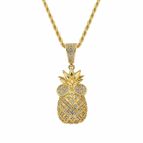 Collar con Colgante de Piña con Gafas de Sol Hip Hop para Hombre Mujer Joyería de Cobre Chapado en Oro Plata con Zirconia y Cadena de Cuerda de Acero Inoxidable