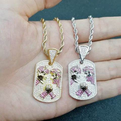 Collar con Colgante de Retrato Rectangular Hip Hop Iced Out Bañado en Oro Plata Cobre Micro Incrustado Zirconia Púrpura Cadena de Cuerda de Acero Inoxidable Joyería Hombre