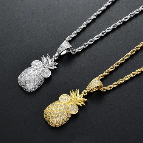 Collar con Colgante de Piña con Gafas de Sol Hip Hop para Hombre Mujer Joyería de Cobre Chapado en Oro Plata con Zirconia y Cadena de Cuerda de Acero Inoxidable
