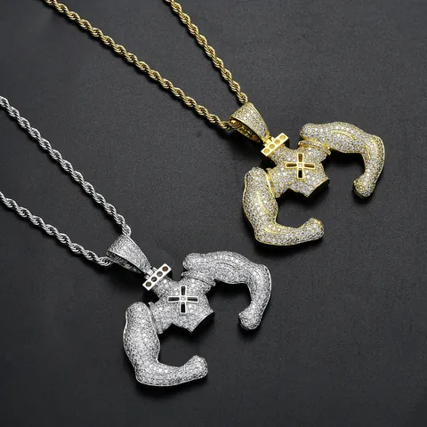 Hiphop Iced Out Muscle Man Pendant Necklace Gold Silver Plated Copper With Zirconia Stainless Steel Rope Chain Jewelry