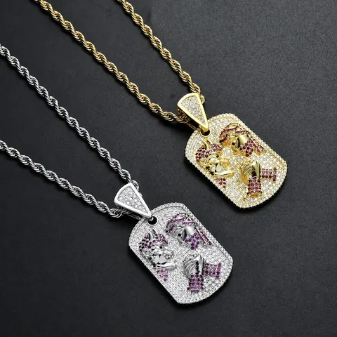 Collar con Colgante de Retrato Rectangular Hip Hop Iced Out Bañado en Oro Plata Cobre Micro Incrustado Zirconia Púrpura Cadena de Cuerda de Acero Inoxidable Joyería Hombre