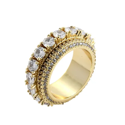 Anello Rotante Hip Hop Uomo Iced Out AAA Zirconia Intarsiato Anello in Rame per Uomini Rappers Festa Gioielli Oro Argento
