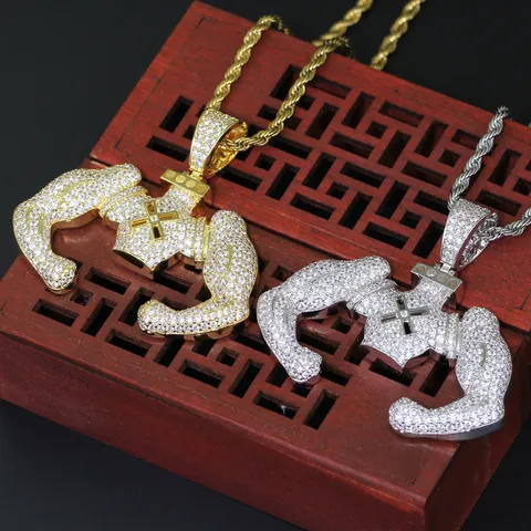 Hiphop Iced Out Muscle Man Pendant Necklace Gold Silver Plated Copper With Zirconia Stainless Steel Rope Chain Jewelry