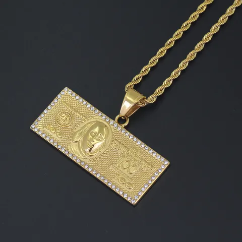 Hip Hop Stainless Steel 100 Dollar Bill Pendant Necklace Gold Plated Rhinestone Iced Out Rope Chain Jewelry For Men Women Party Gift