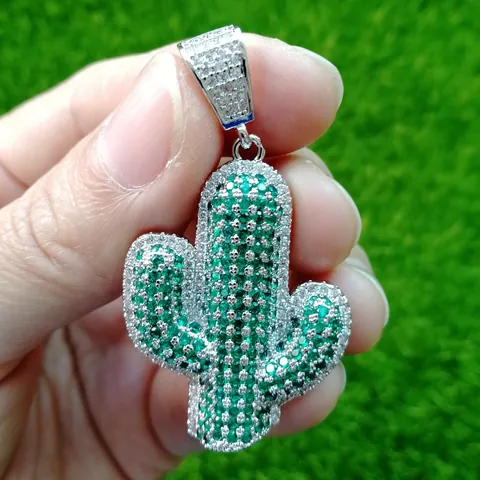 Hip Hop Gold Silber Überzogen Kupfer Zirkonia Kaktus Anhänger Halskette Mit Edelstahl Kordelkette Für Herren Schmuck Geschenk