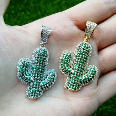 Hip Hop Gold Silber Überzogen Kupfer Zirkonia Kaktus Anhänger Halskette Mit Edelstahl Kordelkette Für Herren Schmuck Geschenk