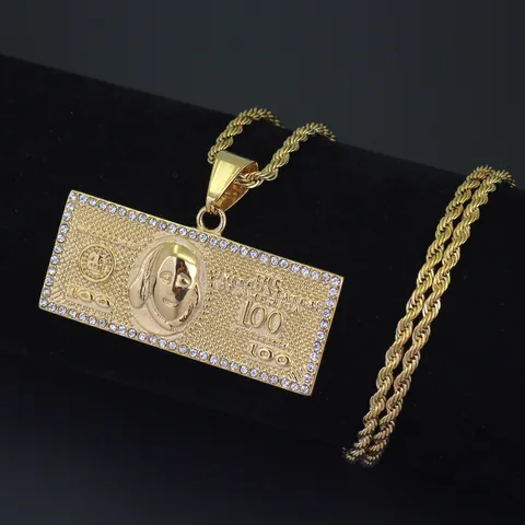 Hip Hop Stainless Steel 100 Dollar Bill Pendant Necklace Gold Plated Rhinestone Iced Out Rope Chain Jewelry For Men Women Party Gift