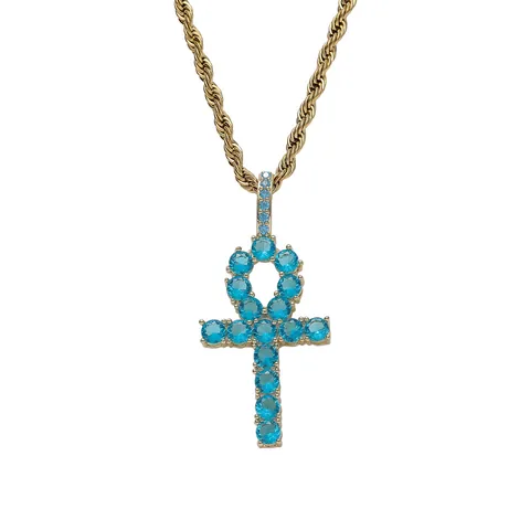 Hip Hop Iced Out Blau Zirkonia Kreuz Ankh Anhänger Halskette Für Herren Gold Silber Plattiert Kupfer Edelstahl Seilkette Schmuck