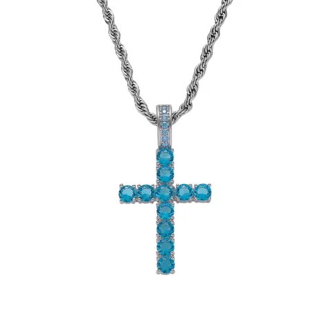 Hip Hop Iced Out Blau Zirkonia Kreuz Ankh Anhänger Halskette Für Herren Gold Silber Plattiert Kupfer Edelstahl Seilkette Schmuck