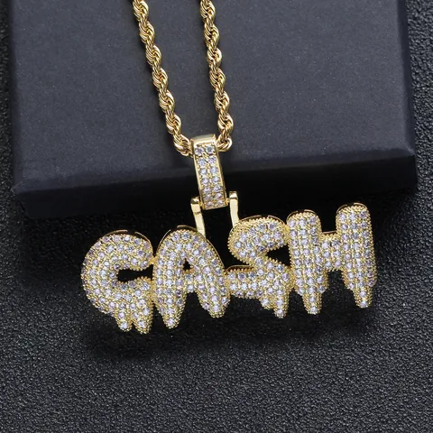 Hip Hop Iced Out CASH Buchstaben Anhänger Halskette Für Herren Gold Silber Plattiert Kupfer Mikro Zirkonia Edelstahl Kordelkette