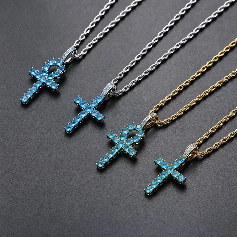 Hip Hop Iced Out Blue Zirconia Cross Ankh Pendant Necklace For Men Gold Silver Plated Copper Stainless Steel Rope Chain Jewelry