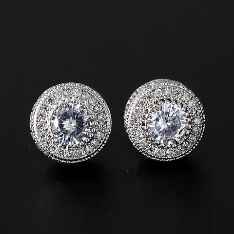Hip Hop Round Zircon Stud Earrings Copper Gold Silver Rose Gold Plated Halo Design Unisex Iced Out Fashion Jewelry