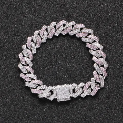 Pulsera de Cadena Cubana Iced Out Cobre Zirconia Blanco Rosa Hip Hop para Hombre Joyería de Moda Streetwear Cierre de Caja
