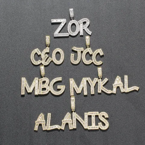 Hip Hop Iced Out Alphabet Necklace Baguette Zirconia Copper Letter Pendant With Stainless Steel Rope Chain For Men Women Jewelry