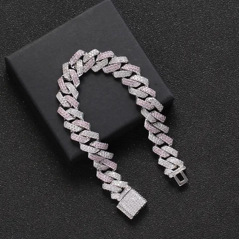 Pulsera de Cadena Cubana Iced Out Cobre Zirconia Blanco Rosa Hip Hop para Hombre Joyería de Moda Streetwear Cierre de Caja