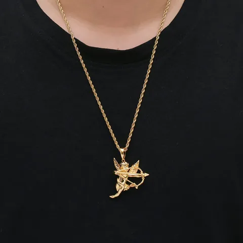 Collar Hip Hop De Cobre Chapado En Oro Con Colgante De Cupido Ángel Zirconia Cadena De Cuerda De Acero Inoxidable Joyería