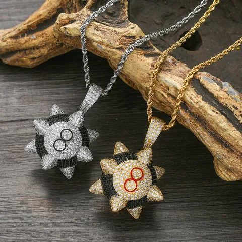 Collier Pendentif Boule à Pointes Hip Hop Chaîne de Corde en Acier Inoxydable Cuivre Plaqué Or Zircone Chiffre 8 Noir