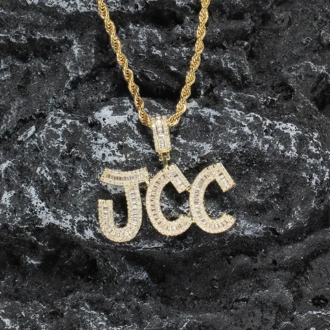 Hip Hop Iced Out Alphabet Necklace Baguette Zirconia Copper Letter Pendant With Stainless Steel Rope Chain For Men Women Jewelry