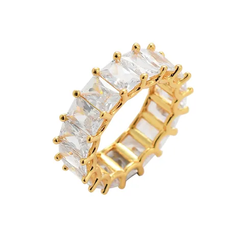 Hip Hop Copper Baguette Zirconia Eternity Ring Gold Silver Plated Sparkling Pink White Stone Statement Finger Ring Jewelry