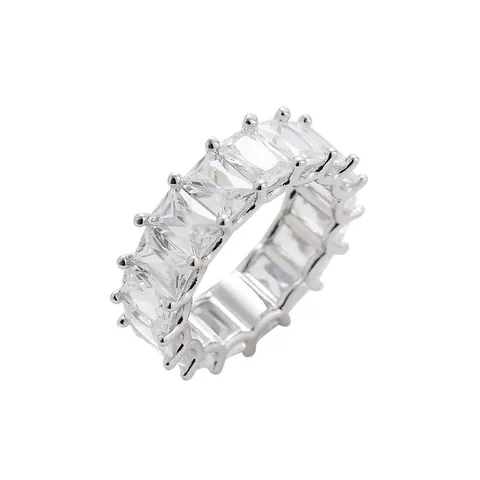 Hip Hop Copper Baguette Zirconia Eternity Ring Gold Silver Plated Sparkling Pink White Stone Statement Finger Ring Jewelry
