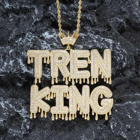 Hip Hop Drip Initial Letter Crown Pendant Necklace Iced Out Zirconia Copper Stainless Steel Rope Chain Jewelry For Unisex