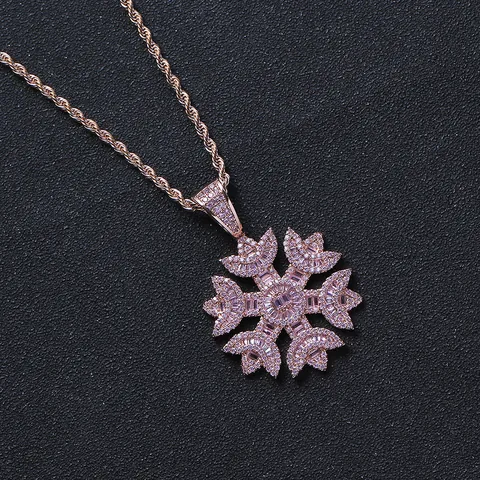 Hip Hop Echt Vergoldete Kupfer Schneeflocke Anhänger Halskette Mit Edelstahl Seilkette Mikro Eingelegte Zirkonia Schmuck Für Damen Herren