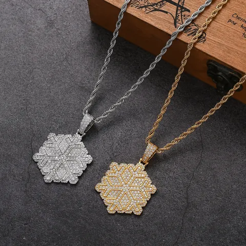 Hip Hop Iced Out Snowflake Pendant Necklace Gold Silver Plated Copper Zirconia With Stainless Steel Rope Chain For Men Women Jewelry
