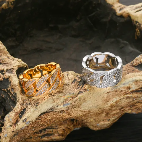 Bague Maille Cubaine Hip Hop Iced Out Homme Cuivre Zircone Plaqué Or Argent Chaîne Tendance Bijoux de Doigt
