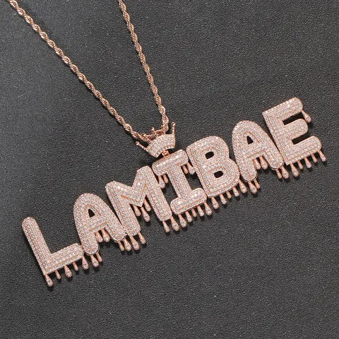 Hip Hop Drip Initial Letter Crown Pendant Necklace Iced Out Zirconia Copper Stainless Steel Rope Chain Jewelry For Unisex