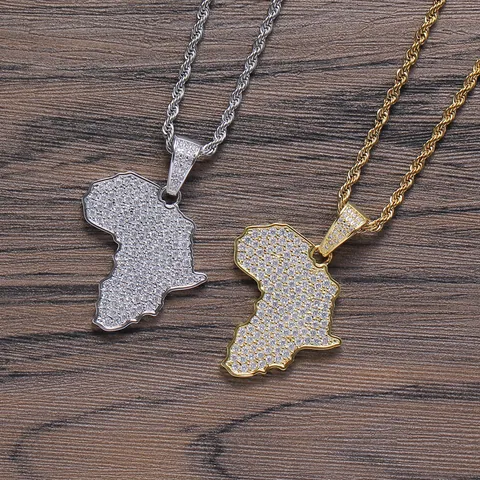 Hip Hop Africa Map Pendant Necklace Micro Inlaid Zirconia Gold Plated Copper Stainless Steel Rope Chain Men Fashion Jewelry