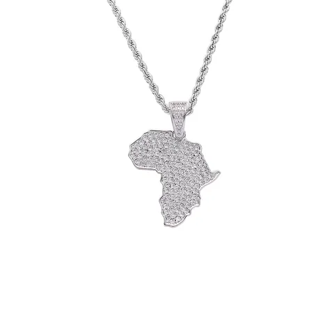Hip Hop Africa Map Pendant Necklace Micro Inlaid Zirconia Gold Plated Copper Stainless Steel Rope Chain Men Fashion Jewelry
