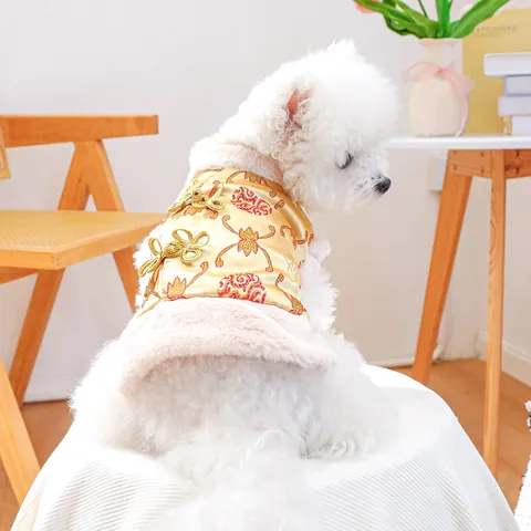 Traditional Chinese Style Pet Tang Suit Golden Vest With Faux Fur Collar New Year Festival Embroidery Clothes For Dogs Cats