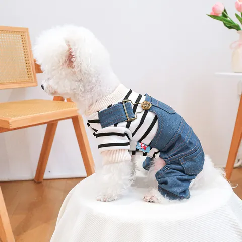 Pet Dog Cat Striped T-Shirt Denim Overalls Jumpsuit Two Parts Design With Adjustable Metal Buckles Soft Casual Apparel For Small Medium Dogs