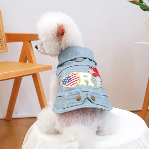 American Vintage Pet Denim Vest For Dogs Cats Light Blue Washed Jacket USA Flag Heart Embroidery Letter R Leash D Ring