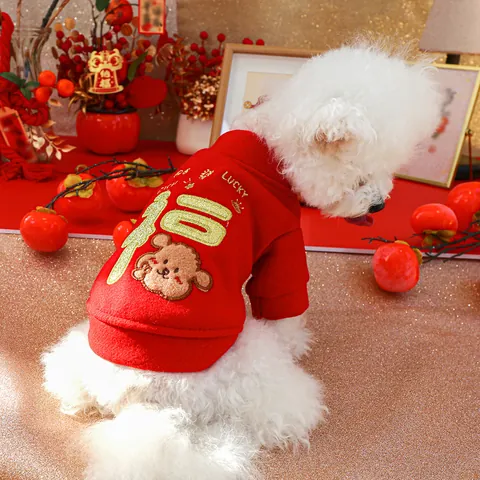 Feestelijke Rode Huisdier Hond Kat Kleding Warme Fleece Sweatshirt Borduurwerk Puppy Kitten Hoodie Voor Nieuwjaarsviering