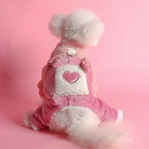 Roze Huisdier Hond Warme Winter Jumpsuit Sherpa Lamswol Corduroy Overall Outfit Pailletten Hart Patroon Metalen D-Ring Voor Kleine Honden Katten