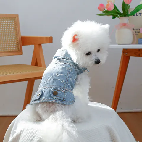 Haustier Hund Denim Weste Jacke Blumen Bestickt Kleine Mittlere Hunde Katzen Weste Mit Geschirr D-Ring Puppy Jeans Kleidung