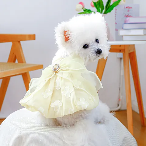 Elegant Yellow Floral Dog Dress With Large Artificial Pearl Bowknot Rhinestone Princess Pet Clothing For Small Medium Dogs Cats