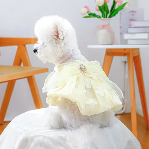 Elegant Yellow Floral Dog Dress With Large Artificial Pearl Bowknot Rhinestone Princess Pet Clothing For Small Medium Dogs Cats
