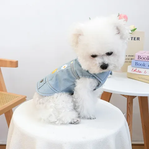 Pet Dog Cat Denim Vest Sun Daisy Embroidery Jean Jacket With D-Ring Leash Attachment For Small Medium Puppies Kitties Clothes