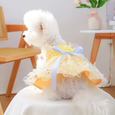 Floral Daisy Pet Dress Lace Mesh Princess Dog Clothes Summer Sweet Puppy Skirt For Small Dogs Cats Apparel