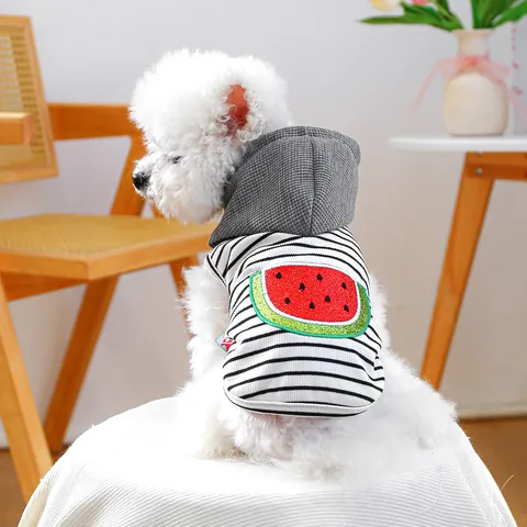 Pet Dog Striped Hoodie Watermelon Embroidery Waffle Hood Polyester Sleeveless Vest For Small Medium Dogs Cats Puppy Clothes