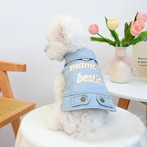 Cute Pet Denim Vest Dog Jeans Jacket With Letter Embroidery And Leash D-Ring Casual Puppy Clothing For Small Dogs Cats