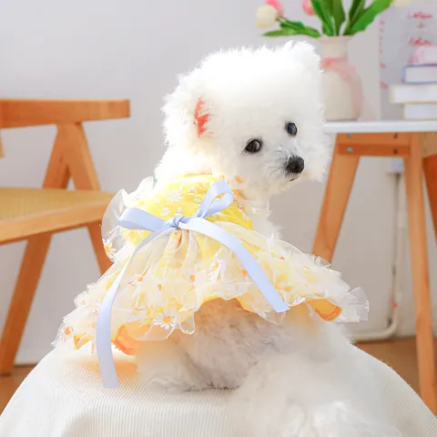 Floral Daisy Pet Dress Lace Mesh Princess Dog Clothes Summer Sweet Puppy Skirt For Small Dogs Cats Apparel